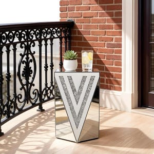 Inverted triangular mirror square table, crystal diamond inlaid coffee table, silver glass side table suitable for corridors, living rooms