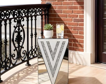 Inverted triangular mirror square table, crystal diamond inlaid coffee table, silver glass side table suitable for corridors, living rooms
