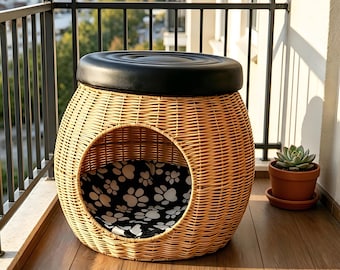 Handwoven Rattan Ottoman: 2-in-1 Round Footstool with Hidden Cat Bed,  Pet-Friendly Hideaway