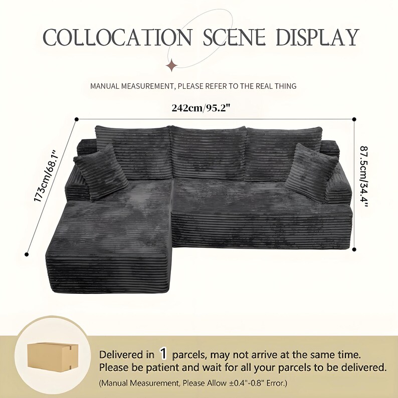 Op de afbeelding: Een donkergrijze hoekbank met een ribfluwelen textuur. De bank is 242 cm lang, 173 cm breed en 87,5 cm hoog. De afbeelding bevat de tekst "COLLOCATION SCENE DISPLAY".