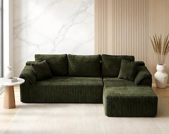 103" Vintage Green Corduroy L‑Shaped Boneless Modular Floor Sofa | Cloud Curved Arm Deep Seat Convertible Sleeper Couch for Living Room