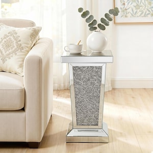 Silver Mirrored End Table With Crystal Inlay, Modern Side Table ,Accent Table, Square Small Coffee Table for Living Room, Bedroom,Office