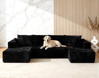 Boneless Modular U-Shaped Corduroy Sofa | Pet Friendly Deep Seat Convertible Living Room Couch