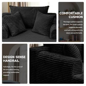 May include: A black corduroy sofa with matching cushions. The cushions are rectangular and square. The text in the image says "COMFORTABLE CUSHION" and "DESIGN SENSE HANDRAIL".