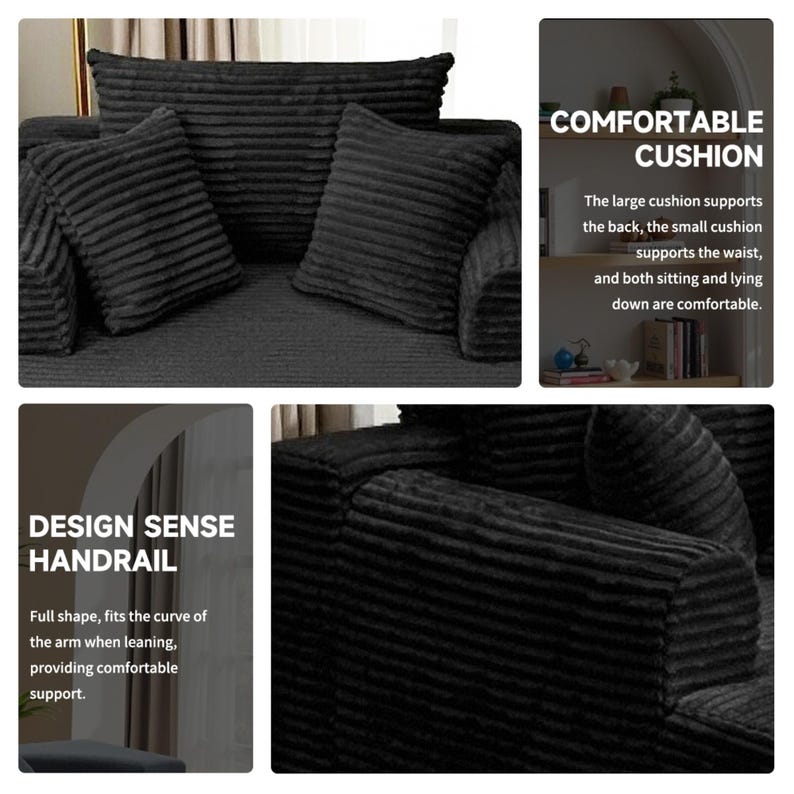 May include: A black corduroy sofa with matching cushions. The cushions are rectangular and square. The text in the image says "COMFORTABLE CUSHION" and "DESIGN SENSE HANDRAIL".