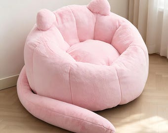 Pink Cat Bean Bag Sofa, Vegan Faux Rabbit Fur Cozy Lazy Seat, Shared Chair