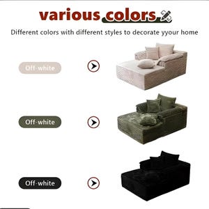 May include: The image displays three chaise lounge sofas in different colours. Text at the top reads "various colours" and "Different colours with different styles to decorate your home." The sofas are off-white, olive green, and black.