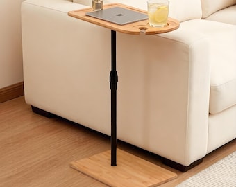 Adjustable Bamboo C Sofa Side Table with Cup Holder for Elderly Parents, Minimalist End Table for Living Room Bedroom
