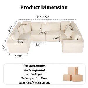 May include: A cream-colored sectional sofa with dimensions displayed. The sofa is 135.39 inches long, 70.83 inches wide, and 40.4 inches high. It includes multiple cushions and pillows. The image also includes text indicating the item will be dispatched in 3 packages.