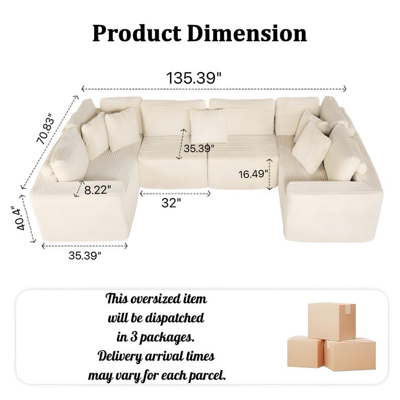 May include: A cream-colored sectional sofa with dimensions displayed. The sofa is 135.39 inches long, 70.83 inches wide, and 40.4 inches high. It includes multiple cushions and pillows. The image also includes text indicating the item will be dispatched in 3 packages.