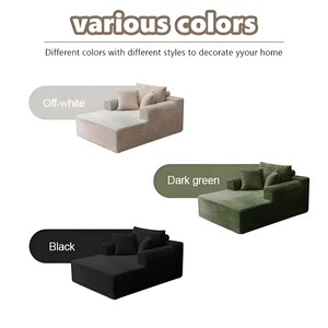 May include: Image showcasing modular sofas in off-white, dark green, and black. The text "various colors" and "Different colors with different styles to decorate your home" are displayed above the sofas. Each sofa has a chaise lounge design with multiple cushions.
