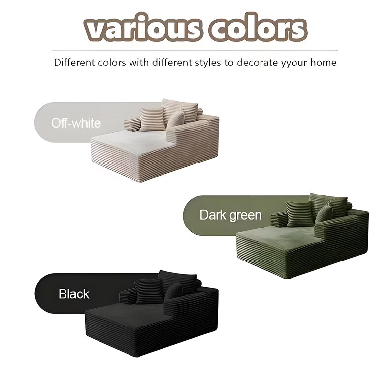 May include: Image showcasing modular sofas in off-white, dark green, and black. The text "various colors" and "Different colors with different styles to decorate your home" are displayed above the sofas. Each sofa has a chaise lounge design with multiple cushions.