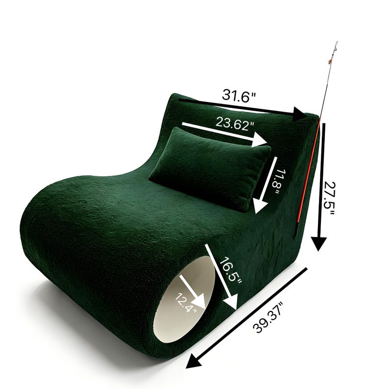 May include: A dark green, plush pet bed with a curved design. The bed includes a rectangular pillow and a tunnel-like opening. Dimensions are 39.37" long, 31.6" wide, and 27.5" high. The pillow is 23.62" x 11.8".