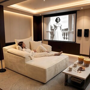 May include: A cream corduroy sectional sofa with a person relaxing, watching a film on a large screen. The room has a modern design with a neutral colour palette. Popcorn and snacks are on a nearby table.