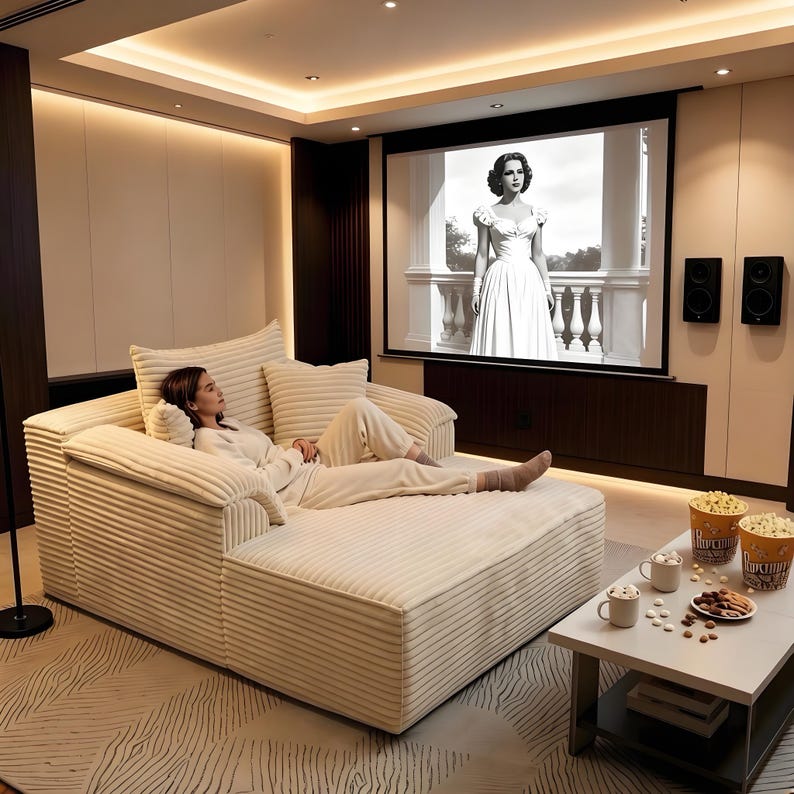 May include: A cream corduroy sectional sofa with a person relaxing, watching a film on a large screen. The room has a modern design with a neutral colour palette. Popcorn and snacks are on a nearby table.