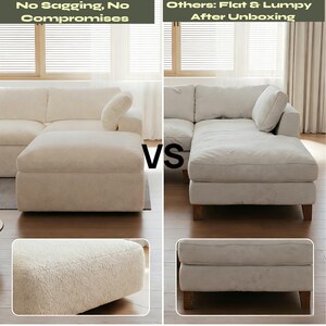 Pode incluir: Uma compara&ccedil;&atilde;o de dois sof&aacute;s de canto na cor creme. O lado esquerdo mostra um sof&aacute; firme e estruturado com o texto No Sagging, No Compromises. O lado direito mostra um sof&aacute; plano e irregular com o texto Others: Flat & Lumpy After Unboxing.