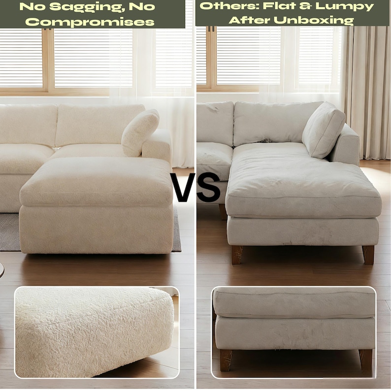 Pode incluir: Uma compara&ccedil;&atilde;o de dois sof&aacute;s de canto na cor creme. O lado esquerdo mostra um sof&aacute; firme e estruturado com o texto No Sagging, No Compromises. O lado direito mostra um sof&aacute; plano e irregular com o texto Others: Flat & Lumpy After Unboxing.