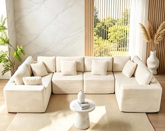 Oversized Modular Sectional Boneless Sofa, 8 Seat Convertible U Shaped Cloud Couch, Comfy Corduroy Deep Seat Sectional for Living Room