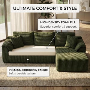 May include: A green corduroy sectional sofa with a white seat cushion and matching throw pillows. The sofa features the text "ULTIMATE COMFORT & STYLE", "HIGH-DENSITY FOAM FILL", and "PREMIUM CORDUROY FABRIC". The sofa is on a neutral-colored rug.