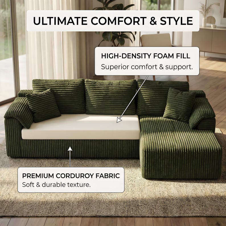 May include: A green corduroy sectional sofa with a white seat cushion and matching throw pillows. The sofa features the text "ULTIMATE COMFORT & STYLE", "HIGH-DENSITY FOAM FILL", and "PREMIUM CORDUROY FABRIC". The sofa is on a neutral-colored rug.