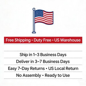 May include: An image featuring the American flag on a pole. Below the flag, the text states "Free Shipping &bull; Duty Free &bull; US Warehouse." Further text provides shipping and returns information.