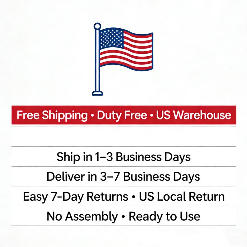 May include: An image featuring the American flag on a pole. Below the flag, the text states "Free Shipping &bull; Duty Free &bull; US Warehouse." Further text provides shipping and returns information.