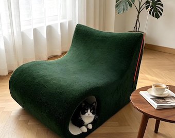 Vintage Dark Green 2-in-1 Human & Pet Friendly Boneless Teddy Sofa | Customizable Hidden Cat Cave Couch for Living Room