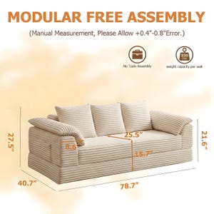 Może przedstawiać: Modularna beżowa sofa sztruksowa z trzema poduszkami oparciowymi i dwoma podłokietnikami. Tekst zawiera MODULAR FREE ASSEMBLY, 350 lbs nośności na siedzisko oraz wymiary: 78,7 cala szerokości, 40,7 cala głębokości, 27,5 cala wysokości.