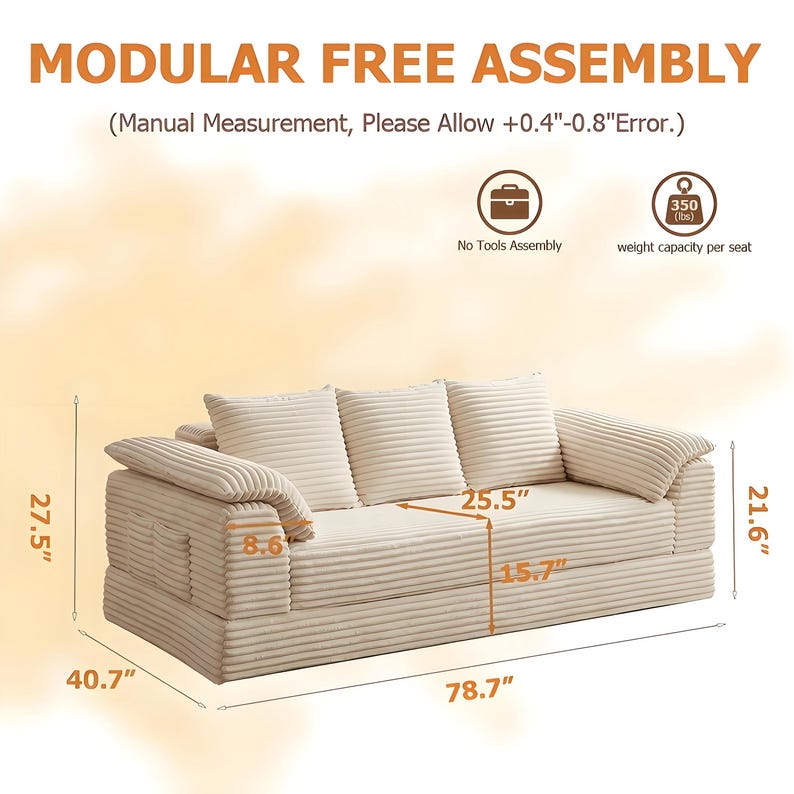 Może przedstawiać: Modularna beżowa sofa sztruksowa z trzema poduszkami oparciowymi i dwoma podłokietnikami. Tekst zawiera MODULAR FREE ASSEMBLY, 350 lbs nośności na siedzisko oraz wymiary: 78,7 cala szerokości, 40,7 cala głębokości, 27,5 cala wysokości.
