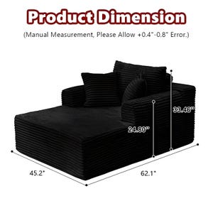 May include: Black corduroy chaise lounge with two matching throw pillows. The chaise measures 62.1 inches long, 45.2 inches wide, and 33.46 inches high. The seat depth is 24.8 inches. The text "Product Dimension" is at the top.