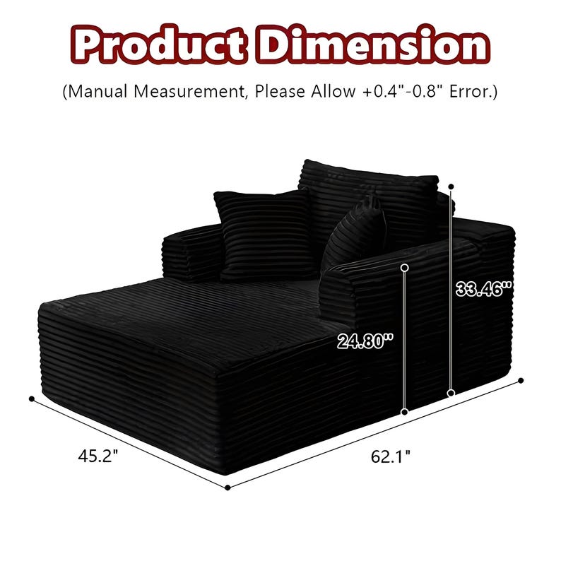 May include: Black corduroy chaise lounge with two matching throw pillows. The chaise measures 62.1 inches long, 45.2 inches wide, and 33.46 inches high. The seat depth is 24.8 inches. The text "Product Dimension" is at the top.