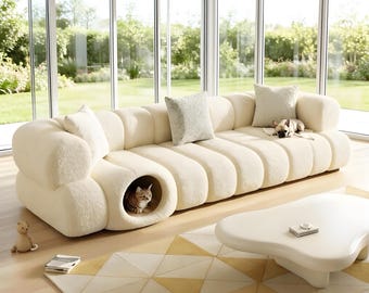 2-in-1 Human & Pet Friendly Sofa | Hidden Cat Cave Boneless Couch, Customizable Teddy Velvet No Assembly Living Room Furniture
