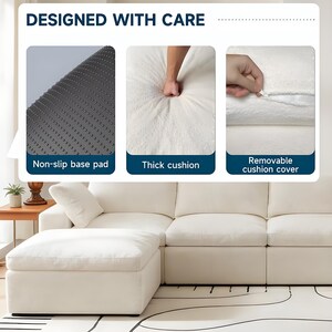 Pode incluir: Um sof&aacute; modular branco com otomana a condizer, apresentando uma base antiderrapante, uma almofada espessa e uma capa remov&iacute;vel. O texto "DESIGNED WITH CARE" &eacute; exibido acima de tr&ecirc;s imagens que detalham estas caracter&iacute;sticas do produto.