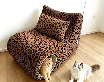 Benutzerdefinierte 2-in-1-Human-Haustier-Liege, klassisches dunkelbraunes Leopard-Sofa mit verstecktem Katzenhöhlenbett, haustierfreundliche Wohnzimmermöbel