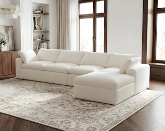 Cream Teddy Boucle L Shaped Modular Sectional Sofa with Chaise | Minimalist Cloud Couch Deep Seat Cozy Living Room Furniture