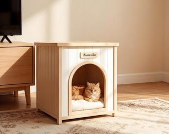 Solid Cedar Wood Pet House Nightstand, Nordic Style Cat Dog Furniture, Removable Cushion, Multi-Use Indoor Pet Shelter