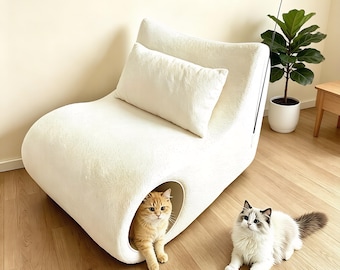 Handmade Custom 2 In 1 Human Pet Sofa, Teddy Velvet Curved Couch, Hidden Cat Bed & Interactive Cat Wand, No Assembly, Ideal for Living Room