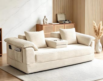 Modular Corduroy Sectional Sofa with Cup Holders & Side Storage Pockets, Convertible Boneless Floor Lounge Sofa Bed, Living Room Sofa