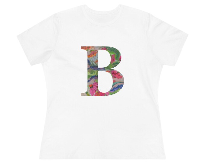 Floral Initial B Women's Cotton Tee, Personalized Gift, Casual Wear, Birthday Gift, Summer Top, Unique T-Shirt