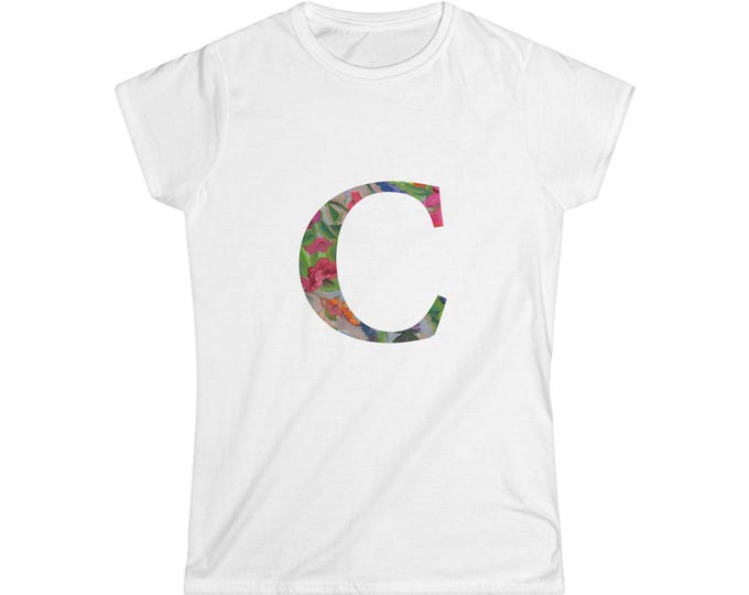 Floral Initial C Women's Tee, Personalized Softstyle T-Shirt, Gift for Her, Customizable Apparel, Casual Summer Top, Birthday Gift
