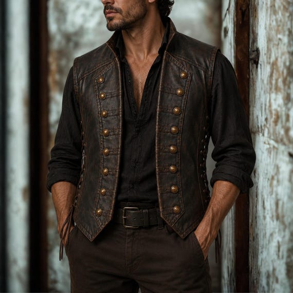 Vintage Leather Vest Men, Steampunk Leather Waistcoat, Gothic Biker Vest, Western Cowboy Vest, Leather Vest, Renaissance Festival Outfit