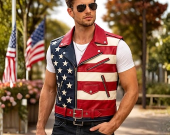 Veste en cuir drapeau américain pour homme Veste motard patriotique pour homme Veste moto avec drapeau des Etats-Unis rouge blanc bleu tenue western