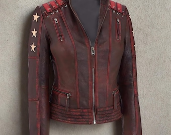 roodbruin leren damesjack vintage bikerjack slim fit motorjack ster detail leren jas edgy fashion