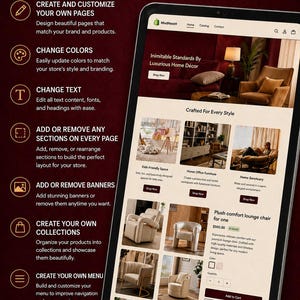 Könnte beinhalten: Ein Tablet zeigt eine E-Commerce-Website mit Möbelangeboten. Die Oberfläche zeigt einen Plüsch-Loungesessel mit Optionen zum Anpassen von Seiten, Ändern von Farben und Text. Der Text lautet: „Was Sie ohne Programmierung tun können“.