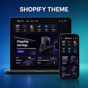 Puede incluir: Un ordenador portátil y un smartphone muestran un sitio web de comercio electrónico con tema oscuro titulado Electronics con el texto Flagship Savings, Shop Now, You'll Love e Immersive Experience. La interfaz incluye categorías como Kitchen, TVs y Laptops.