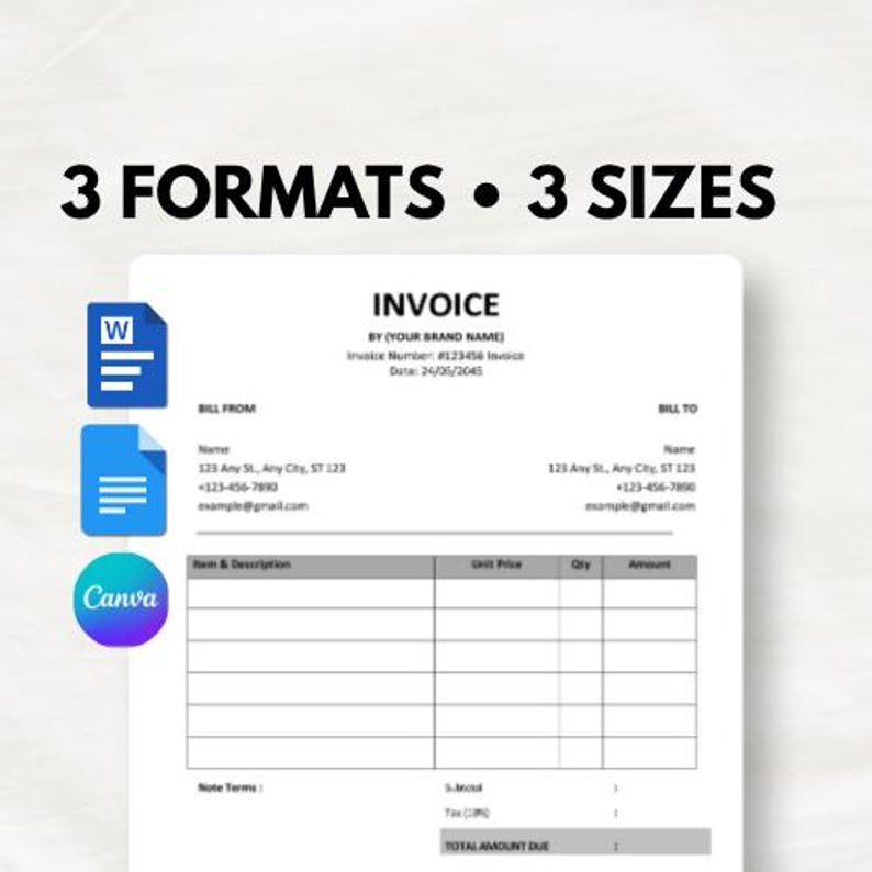 Editable Invoice Template, Canva, Google Docs, MS Word, Small Business ...