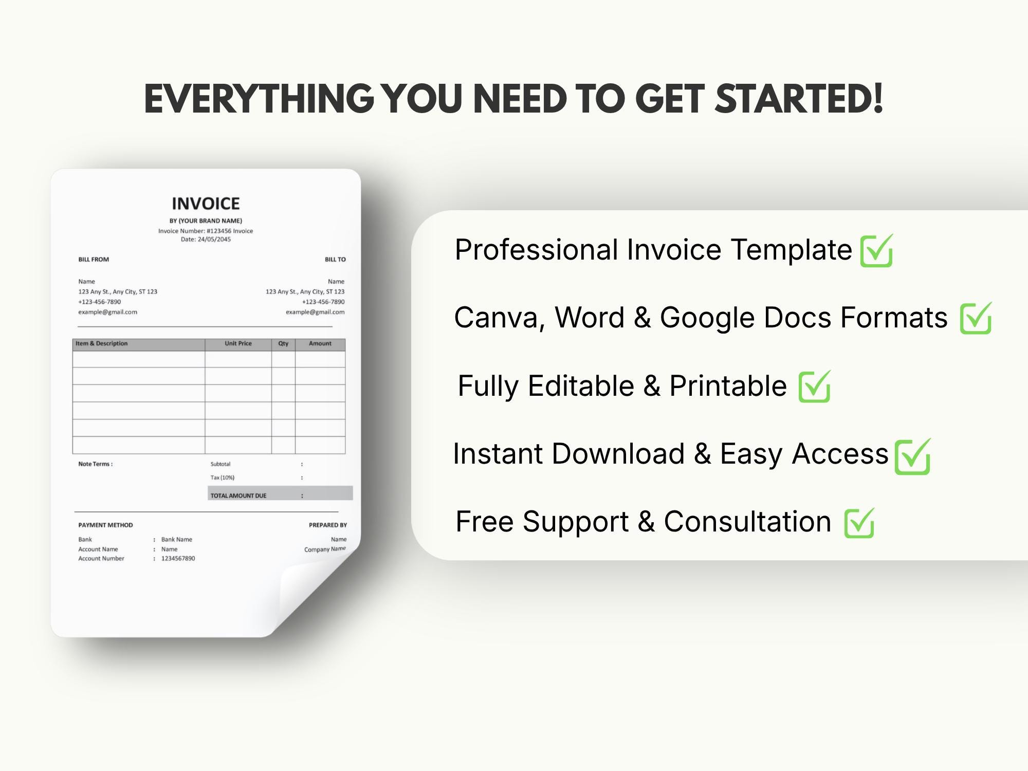 Editable Invoice Template, Canva, Google Docs, MS Word, Small Business ...
