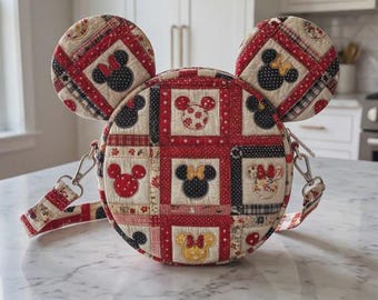Minnie Mouse Quilted Round Crossbody Bag Red White Checkered Fabric Purse Disney Inspired Gift Iconic Bow Ear Shoulder Handbag Accessory