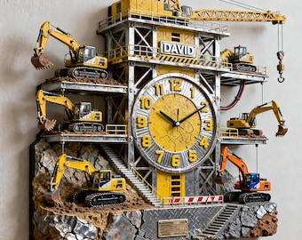 Custom Construction Site Acrylic Wall Clock Personalized Name David Decor Boys Nursery Heavy Machinery Excavator Bulldozer Unique Kids Gift