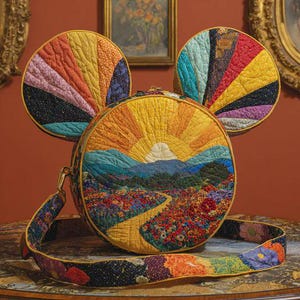 Patchwork Quilted Mickey Mouse Ears Bag with Colorful Floral Path and Sunset Design, Fabric Crossbody Purse for Her, Artisan Gift